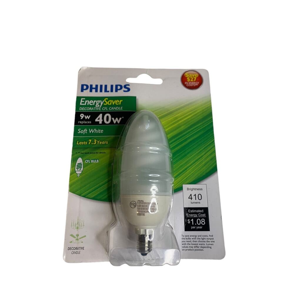 Philips‎ Energy Saver Bulb 9w Soft White E12 Candelabra Decorative  New
